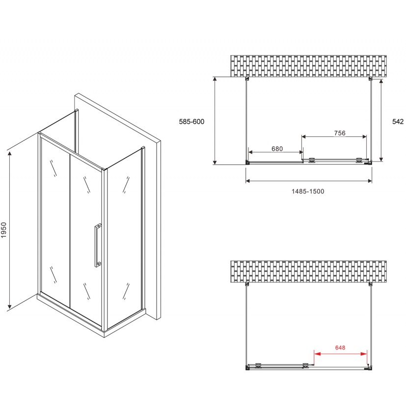 Душевой уголок Abber Schwarzer Diamant AG30150BH-S60B-S60B 150x60x195 (черный матовый), П-образный