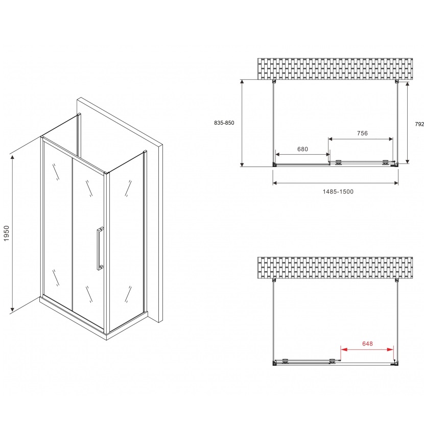 Душевой уголок Abber Schwarzer Diamant AG30150BH-S85B-S85B 150x85x195 (черный матовый), П-образный