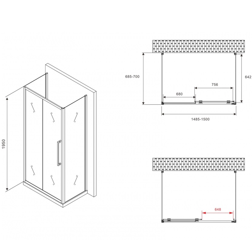 Душевой уголок Abber Schwarzer Diamant AG30150BMH-S70BM-S70BM 150х70х195 (черный матовый), П-образный