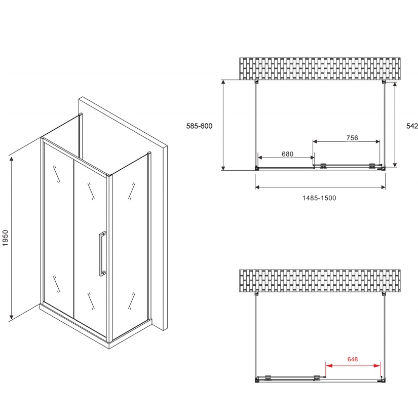 Душевой уголок Abber Schwarzer Diamant AG30150MH-S60M-S60M 150x60x195 (хром), П-образный