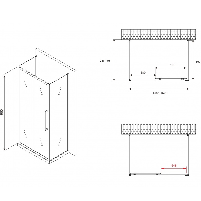 Душевой уголок Abber Schwarzer Diamant AG30150MH-S75M-S75M 150x75x195 (хром), П-образный