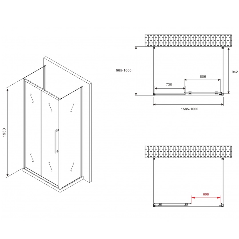 Душевой уголок Abber Schwarzer Diamant AG30160BH-S100B-S100B 160x100x195 (черный матовый), П-образный