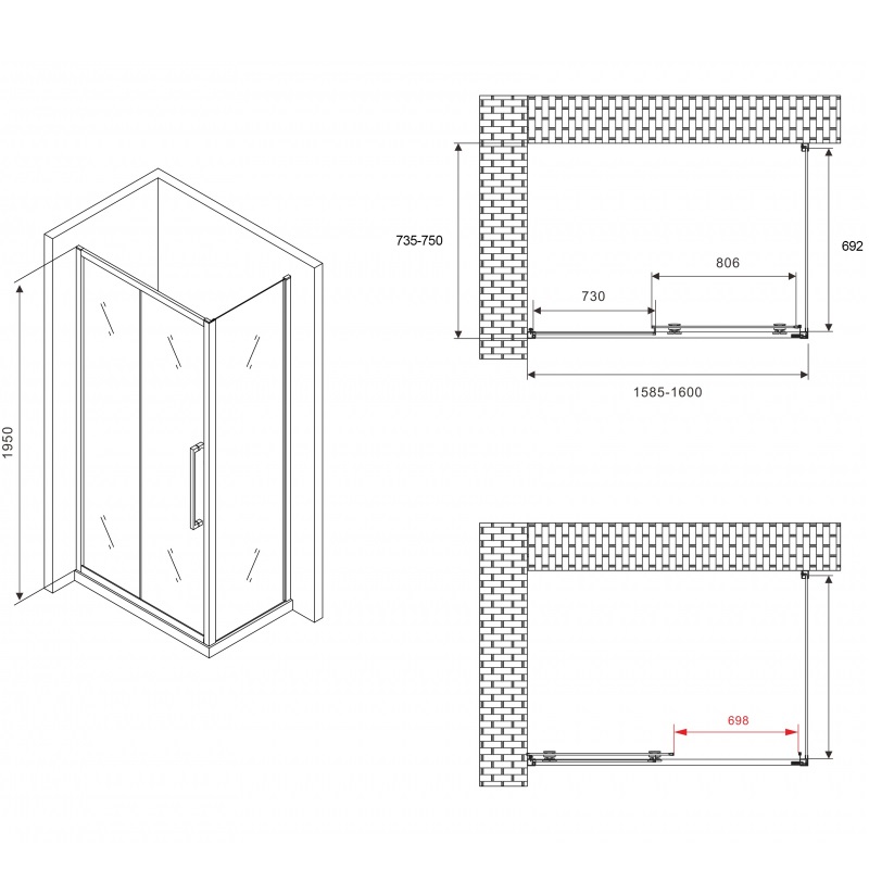 Душевой уголок Abber Schwarzer Diamant AG30160BH-S75B 160x75x195 (черный матовый)