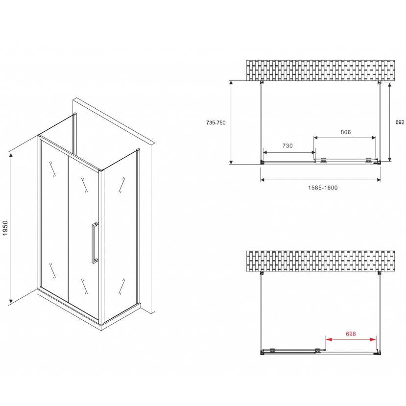Душевой уголок Abber Schwarzer Diamant AG30160BH-S75B-S75B 160x75x195 (черный матовый), П-образный
