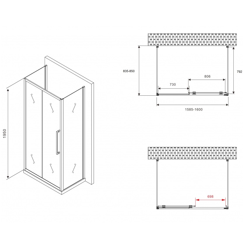 Душевой уголок Abber Schwarzer Diamant AG30160BH-S85B-S85B 160x85x195 (черный матовый), П-образный