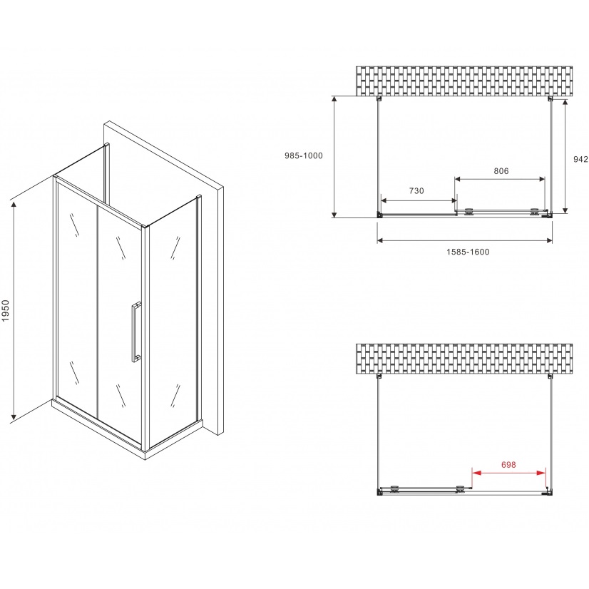 Душевой уголок Abber Schwarzer Diamant AG30160H-S100-S100 160x100x195 (хром), П-образный