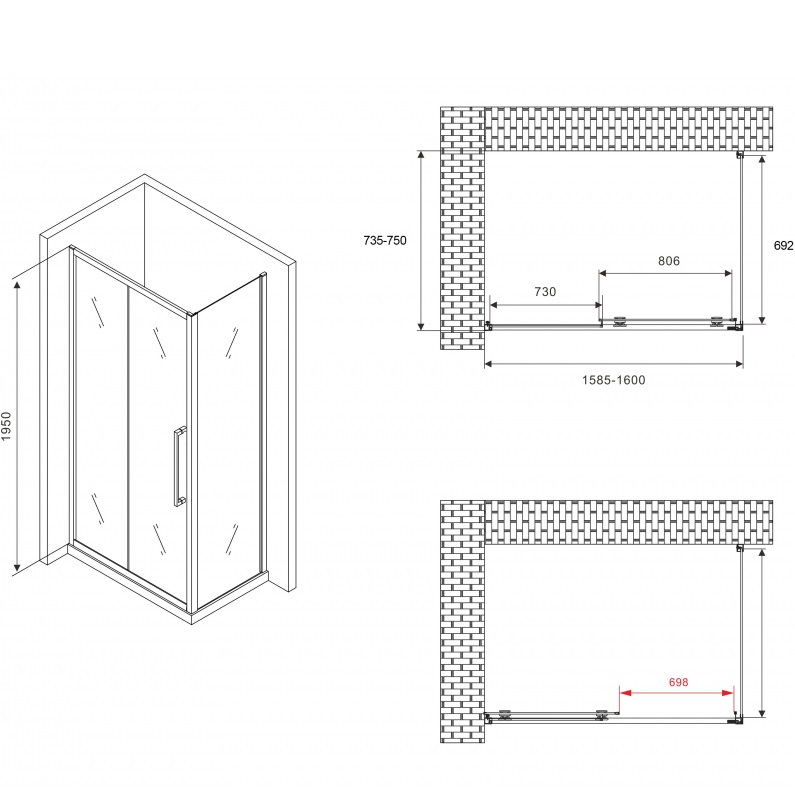 Душевой уголок Abber Schwarzer Diamant AG30160H-S75 160x75x195 (хром)