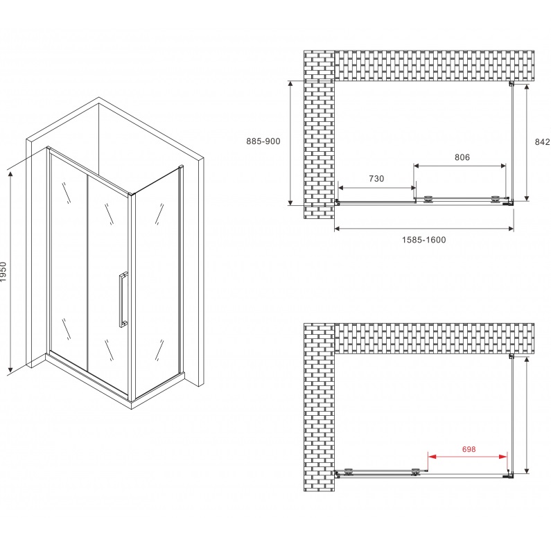 Душевой уголок Abber Schwarzer Diamant AG30160H-S90 160x90x195 (хром)