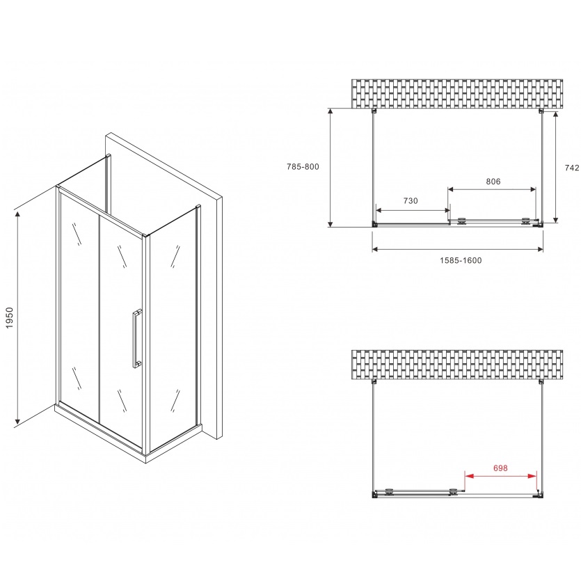 Душевой уголок Abber Schwarzer Diamant AG30160MH-S80M-S80M 160x80x195 (хром), П-образный