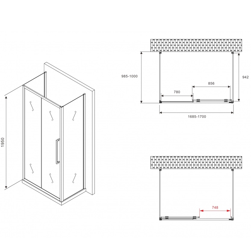 Душевой уголок Abber Schwarzer Diamant AG30170BH-S100B-S100B 170x100x195 (черный матовый), П-образный