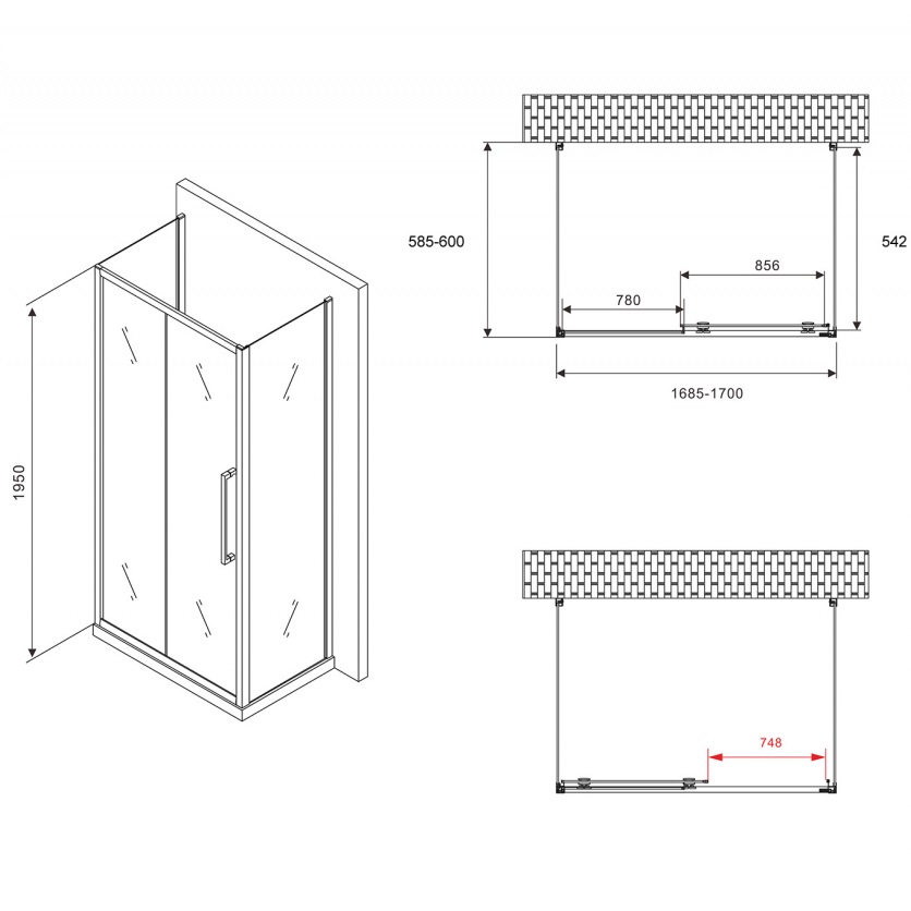 Душевой уголок Abber Schwarzer Diamant AG30170BH-S60B-S60B 170x60x195 (черный матовый). П-образный