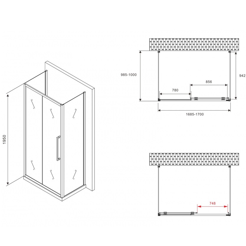 Душевой уголок Abber Schwarzer Diamant AG30170BMH-S100BM-S100BM 170х100х195 (черный матовый), П-образный