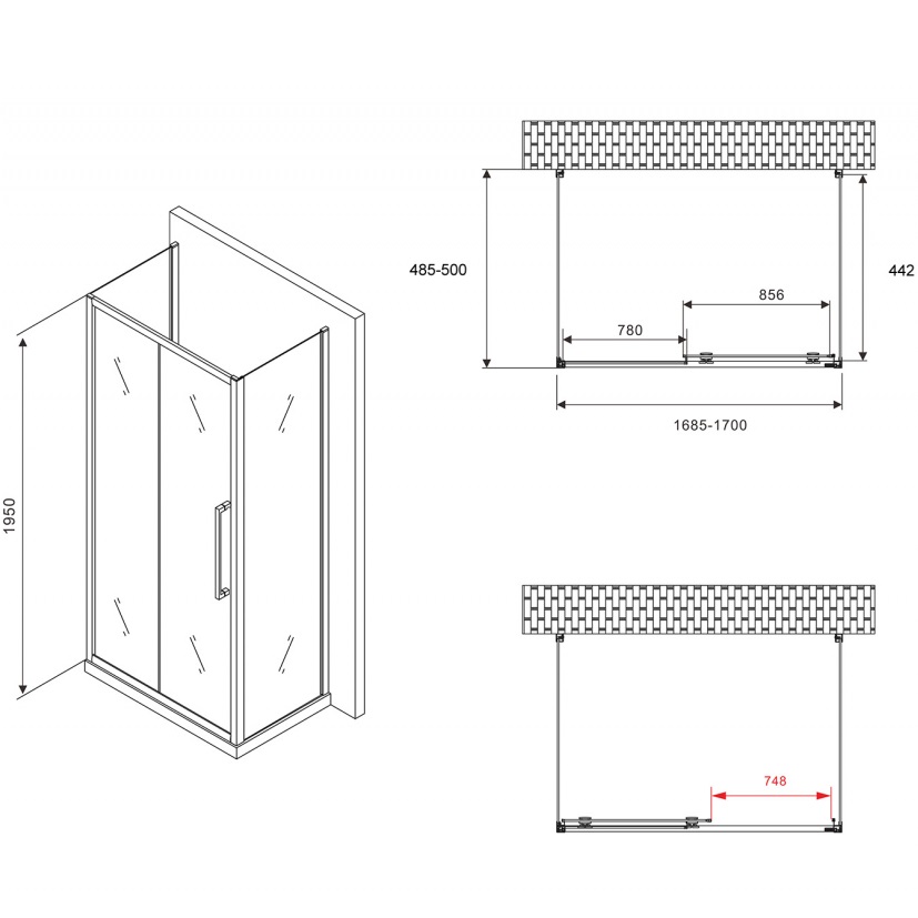 Душевой уголок Abber Schwarzer Diamant AG30170H-S50-S50 170x50x195 (хром), П-образный