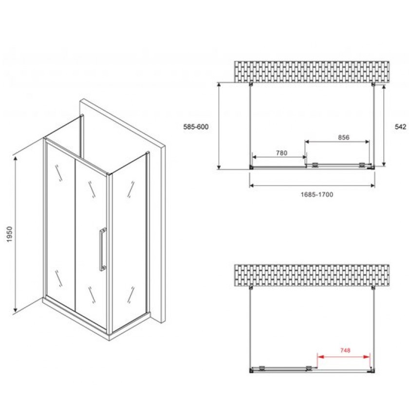 Душевой уголок Abber Schwarzer Diamant AG30170H-S60-S60 170x60x195 (хром), П-образный
