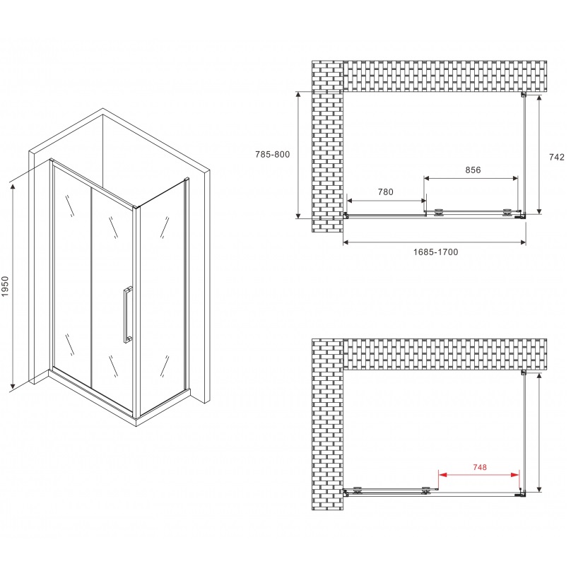 Душевой уголок Abber Schwarzer Diamant AG30170H-S80 170x80x195 (хром)