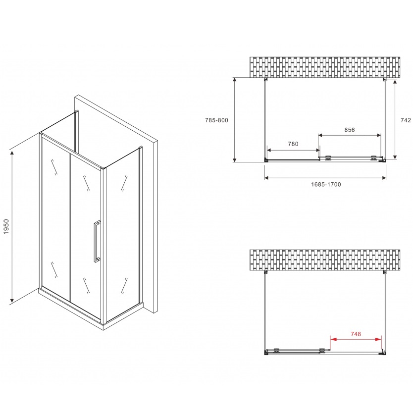 Душевой уголок Abber Schwarzer Diamant AG30170H-S80-S80 170x80x195 (хром), П-образный