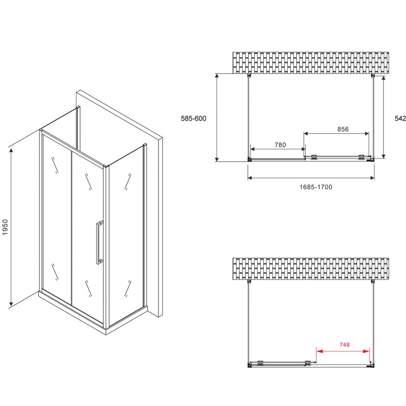 Душевой уголок Abber Schwarzer Diamant AG30170MH-S60M-S60M 170x60x195 (хром), П-образный