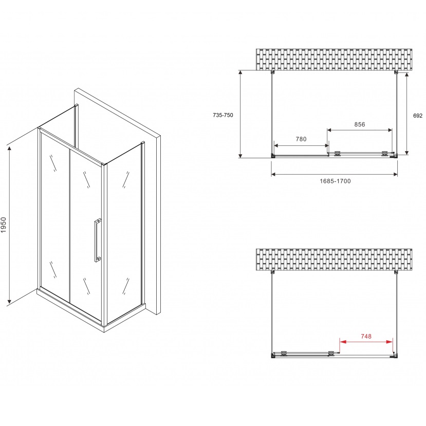 Душевой уголок Abber Schwarzer Diamant AG30170MH-S75M-S75M 170x75x195 (хром), П-образный
