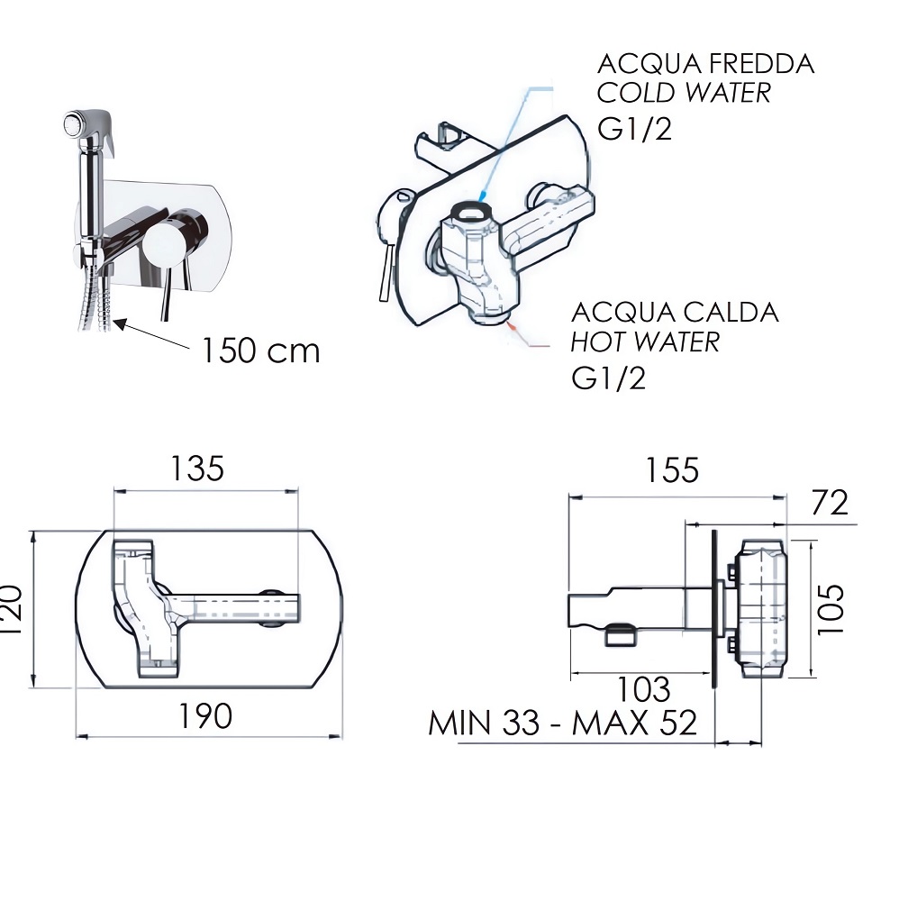 Гигиенический душ Remer Minimal N60 (хром), смеситель в комплекте