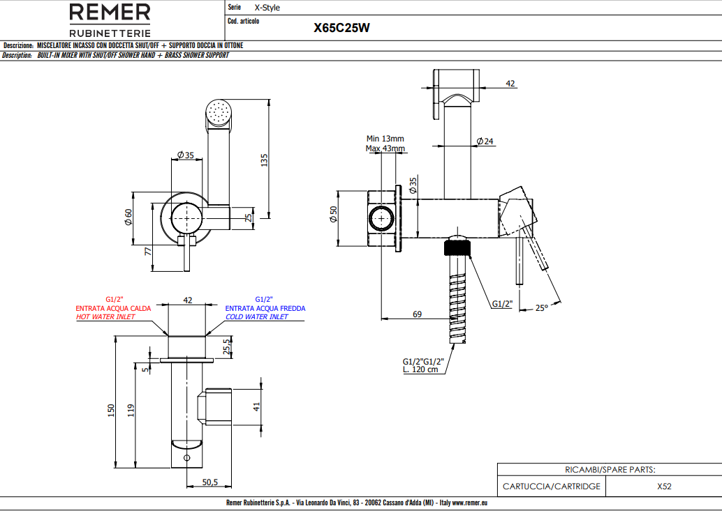 Гигиенический душ Remer Shut-Off X65C25W (хром), со смесителем и скрытой частью