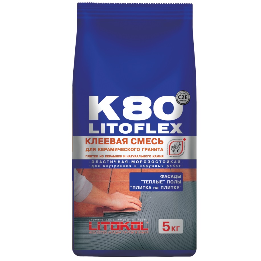 Клей для плитки LitoFlex K80 5 кг (серый), усиленный фиброволокном