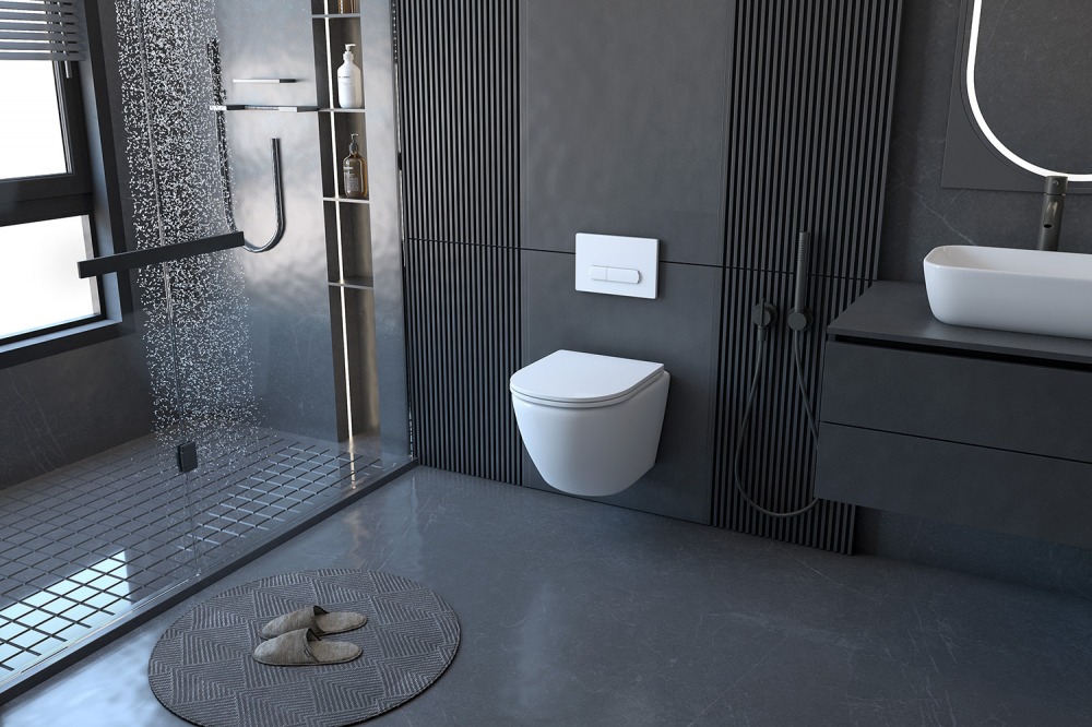 Комплект 3 в 1: подвесной унитаз Bequem AC1100  (белый), с инсталляцией AC0105 и кнопкой AC0120 (хром)