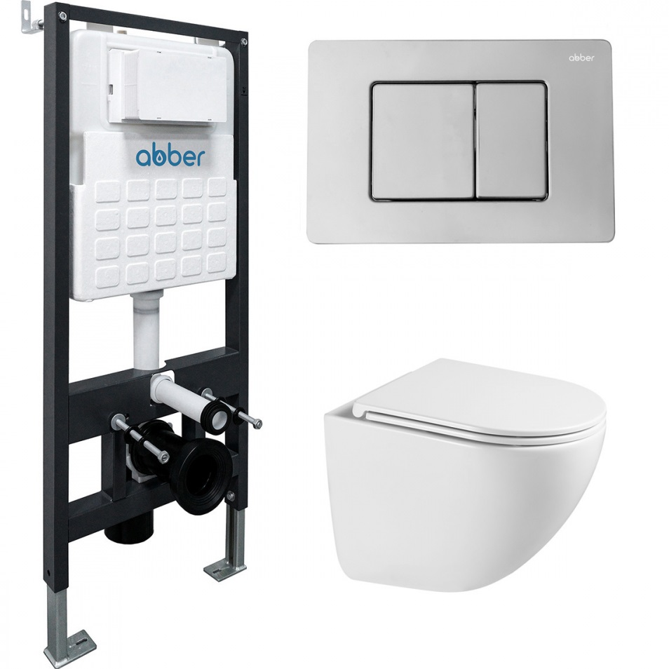 Комплект подвесной унитаз с инсталляцией и кнопкой Abber Bequem AC1131TC-AC0105-AC0120 (белый, хром глянцевый)