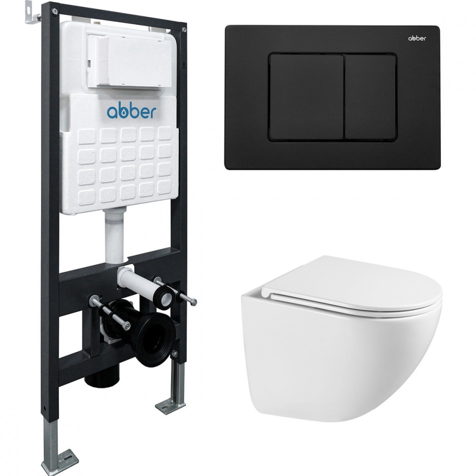 Комплект подвесной унитаз с инсталляцией и кнопкой Abber Bequem AC1131TC-AC0105-AC0120MB (белый, черный матовый)