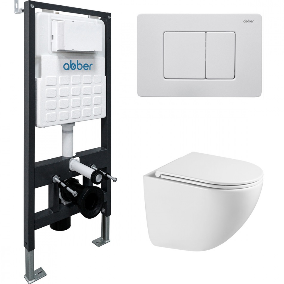 Комплект подвесной унитаз с инсталляцией и кнопкой Abber Bequem AC1131TC-AC0105-AC0120MW (белый, белый матовый)