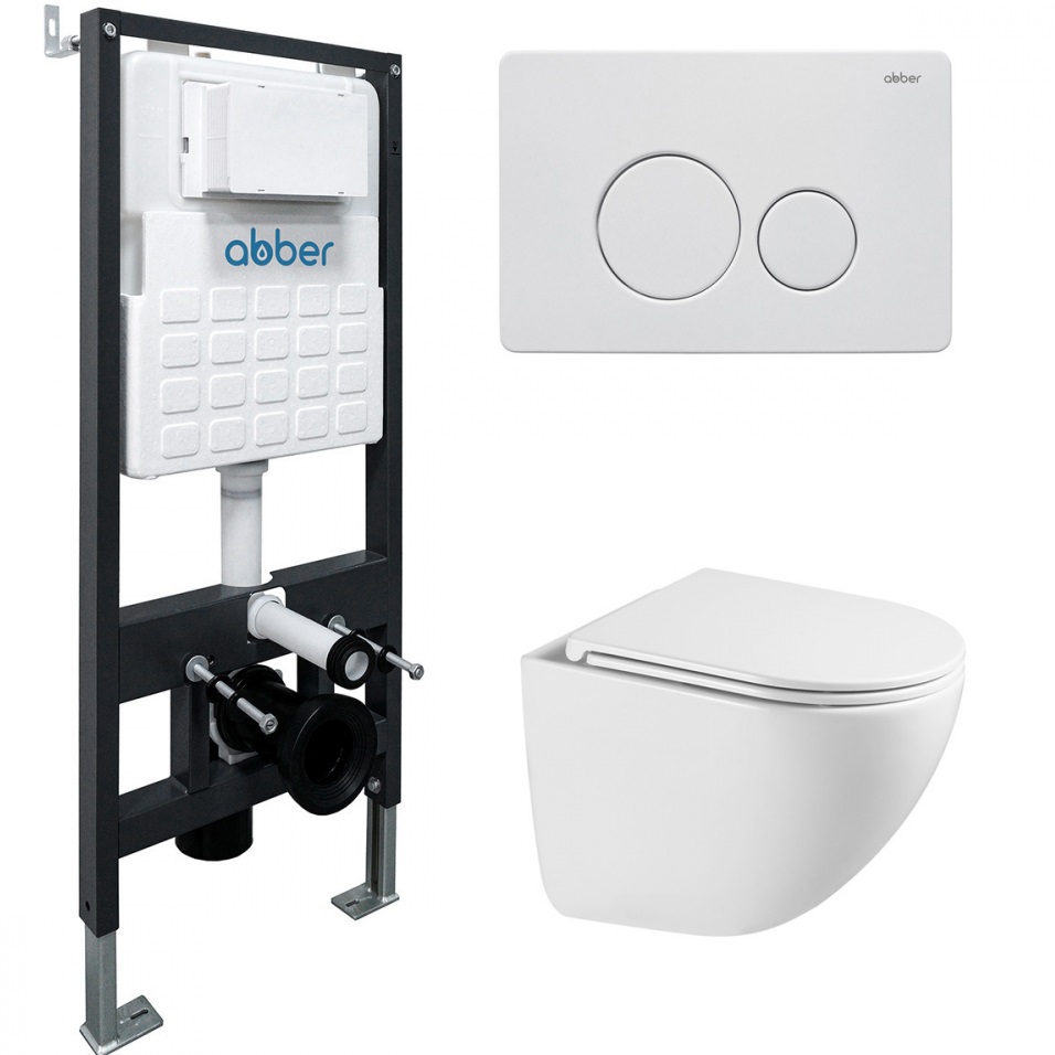 Комплект подвесной унитаз с инсталляцией и кнопкой Abber Bequem AC1131TC-AC0105-AC0121MW (белый, белый матовый)