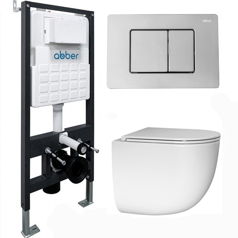 Комплект подвесной унитаз с инсталляцией и кнопкой Abber Bequem AC1132TC-AC0105-AC0120 (белый, хром глянцевый)