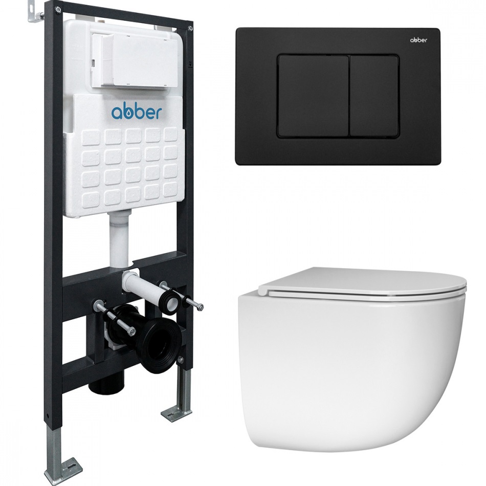 Комплект подвесной унитаз с инсталляцией и кнопкой Abber Bequem AC1132TC-AC0105-AC0120MB (белый, черный матовый)