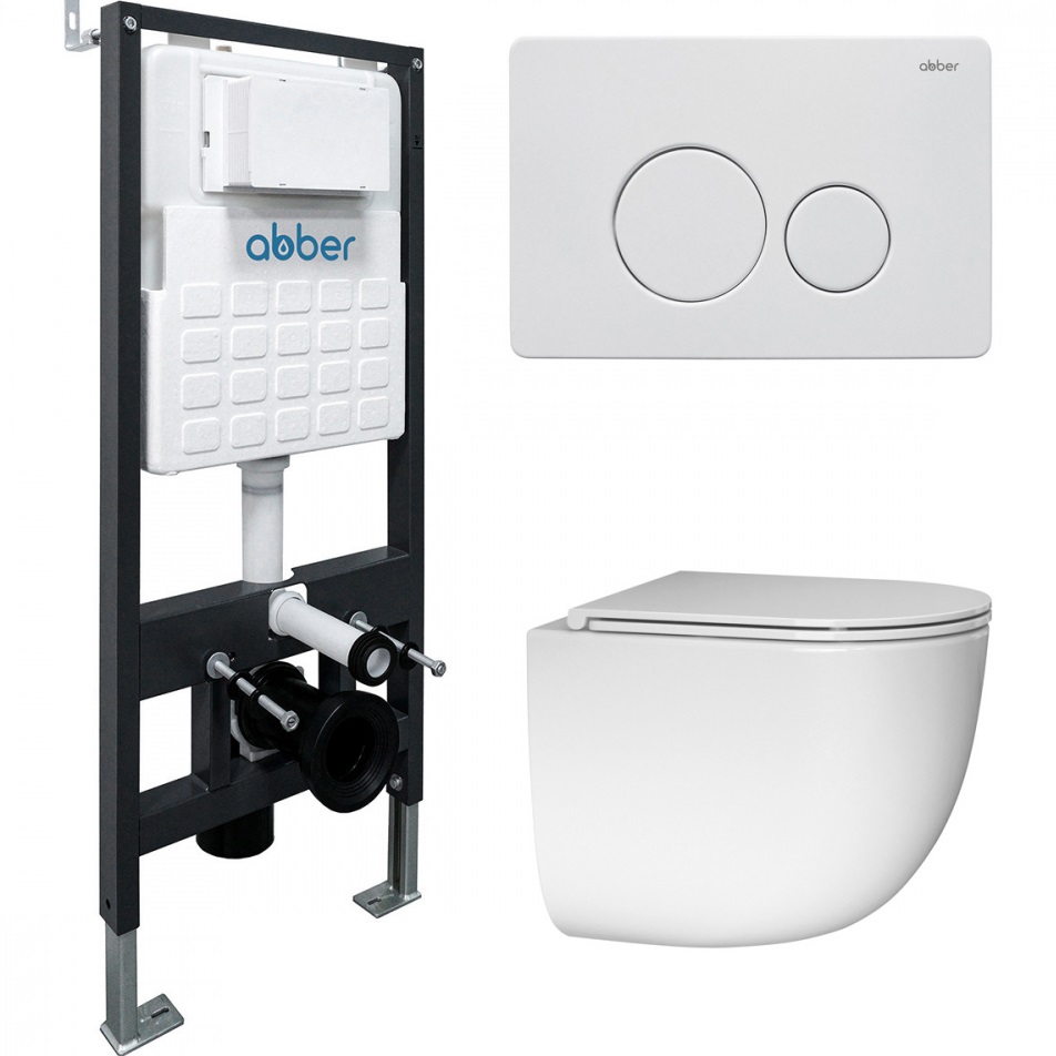 Комплект подвесной унитаз с инсталляцией и кнопкой Abber Bequem AC1132TC-AC0105-AC0121MW (белый, белый матовый)