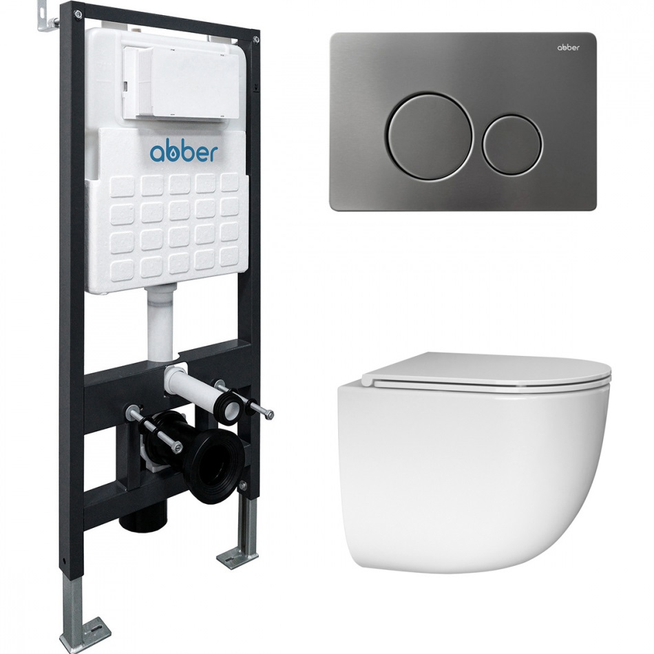 Комплект подвесной унитаз с инсталляцией и кнопкой Abber Bequem AC1132TC-AC0105-AC0121NG (белый, никель)