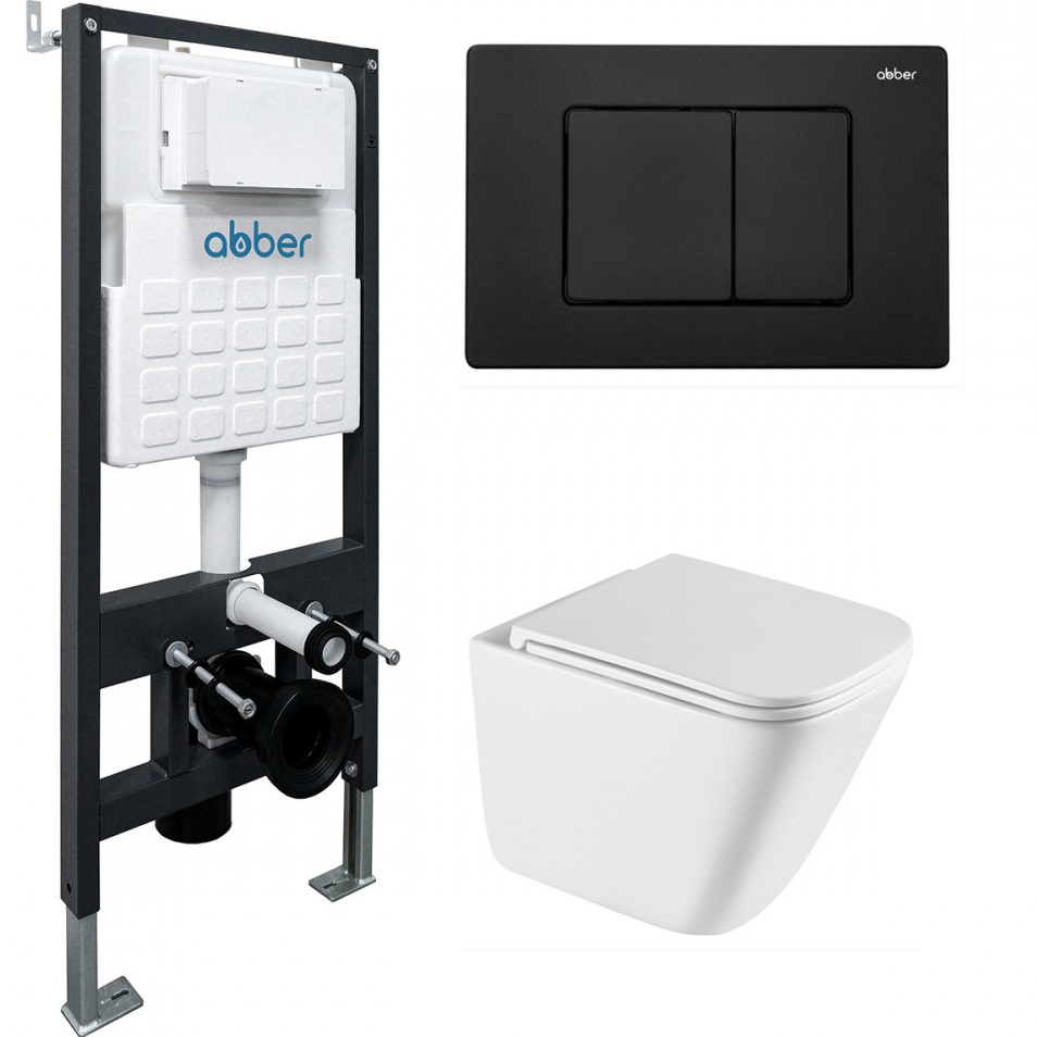 Комплект подвесной унитаз с инсталляцией и кнопкой Abber Rechteck AC1219TC-AC0105-AC0120MB (белый, черный матовый)