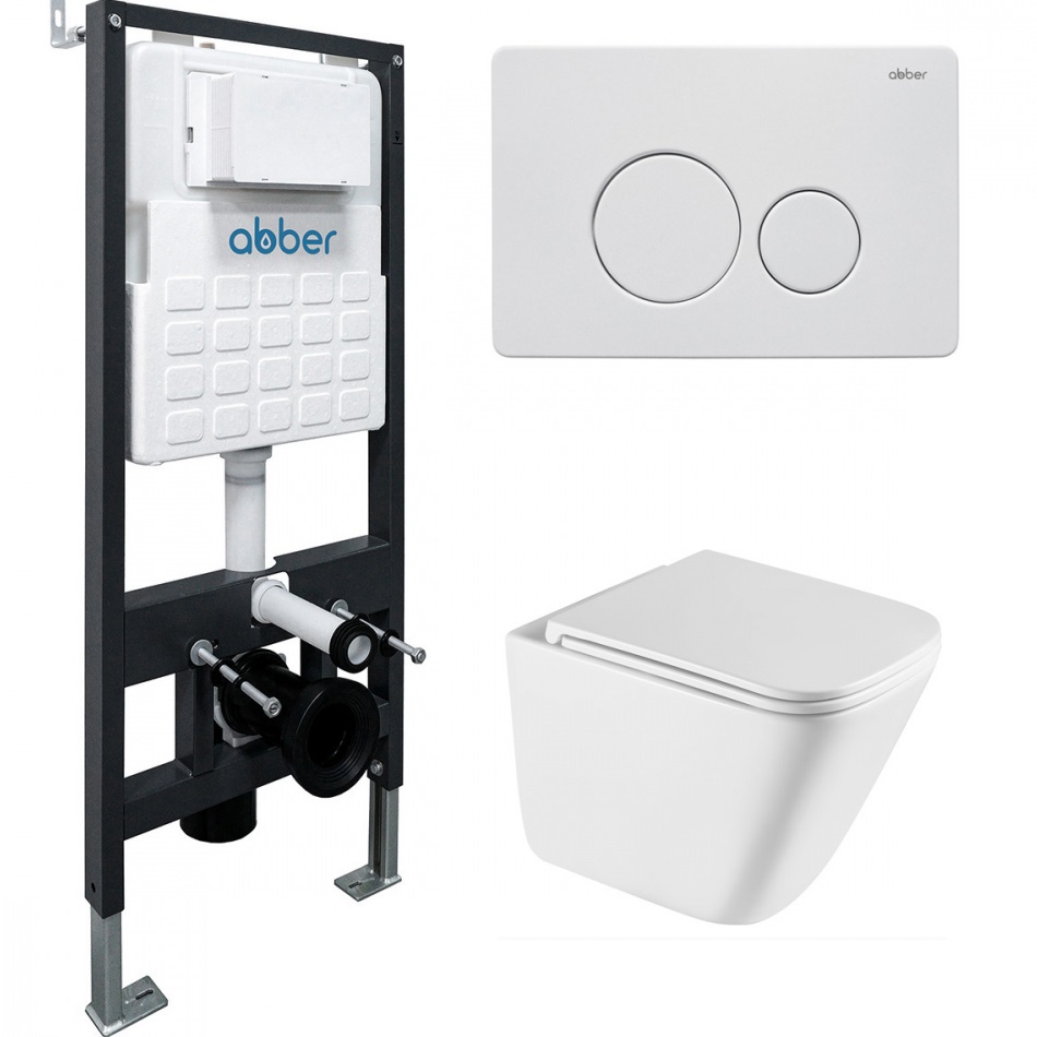 Комплект подвесной унитаз с инсталляцией и кнопкой Abber Rechteck AC1219TC-AC0105-AC0121MW (белый, белый матовый)