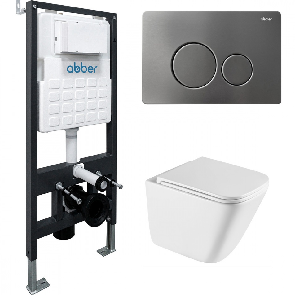 Комплект подвесной унитаз с инсталляцией и кнопкой Abber Rechteck AC1219TC-AC0105-AC0121NG (белый, никель)