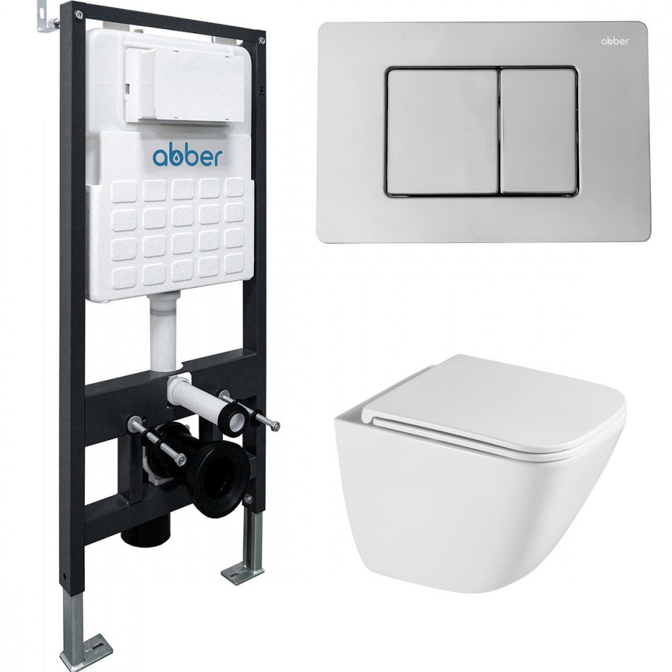 Комплект подвесной унитаз с инсталляцией и кнопкой Abber Rechteck AC1220TC-AC0105-AC0120 (белый, хром глянцевый)