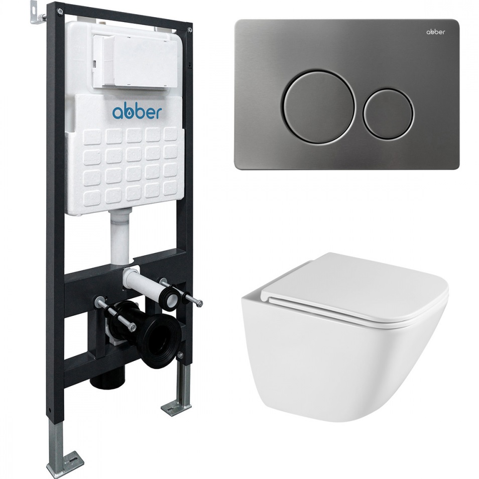 Комплект подвесной унитаз с инсталляцией и кнопкой Abber Rechteck AC1220TC-AC0105-AC0121NG (белый, никель) 