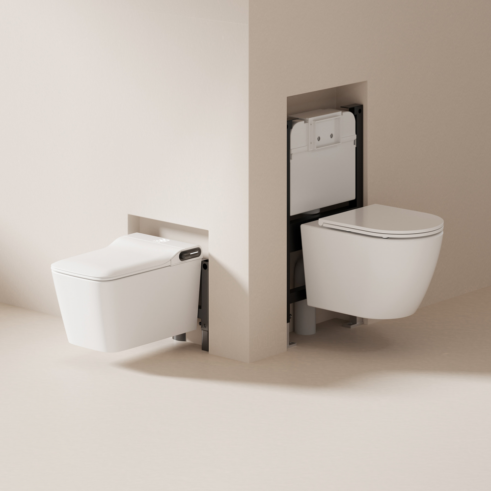 Комплект унитаз-биде подвесной с инсталляцией Abber Rechteck AC1215S-AC0101P2 60x36x38 (белый), электронный