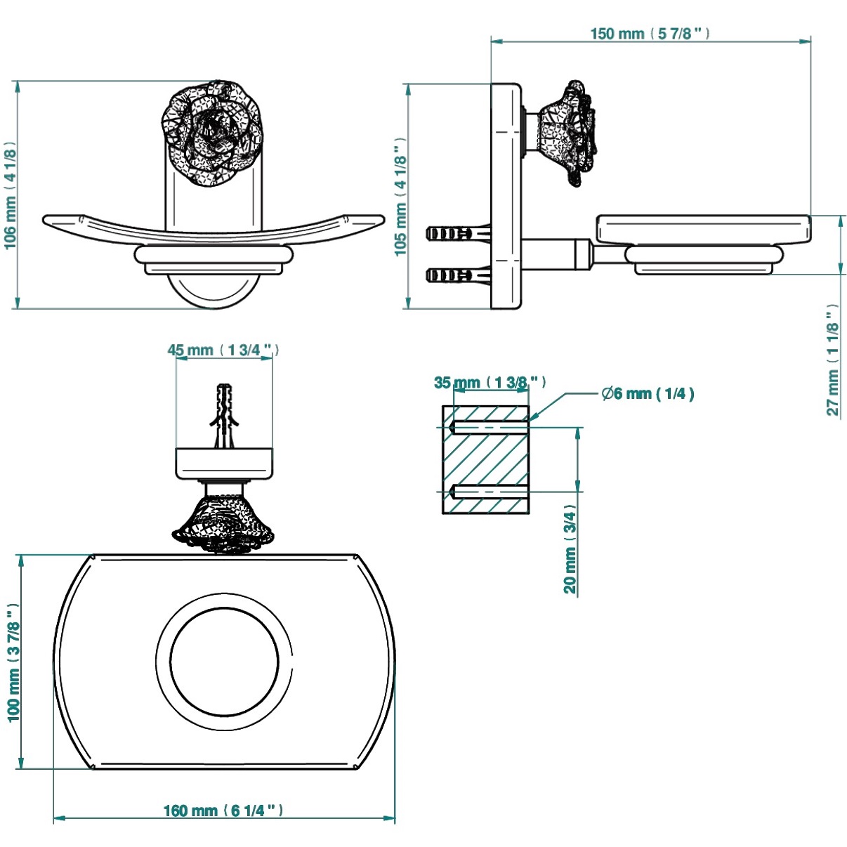 Мыльница стеклянная подвесная THG Rose U5J-F01-500 (золотой, розовый)