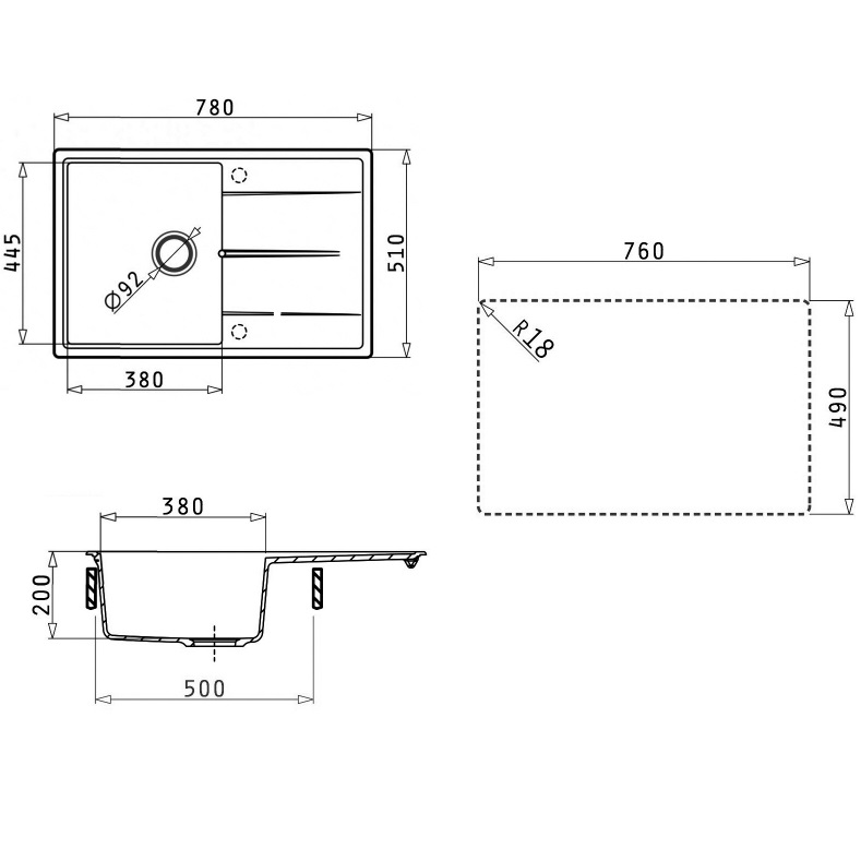 Мойка кухонная Abber Quarz AQ2904B 78х51 (черный), слив-перелив