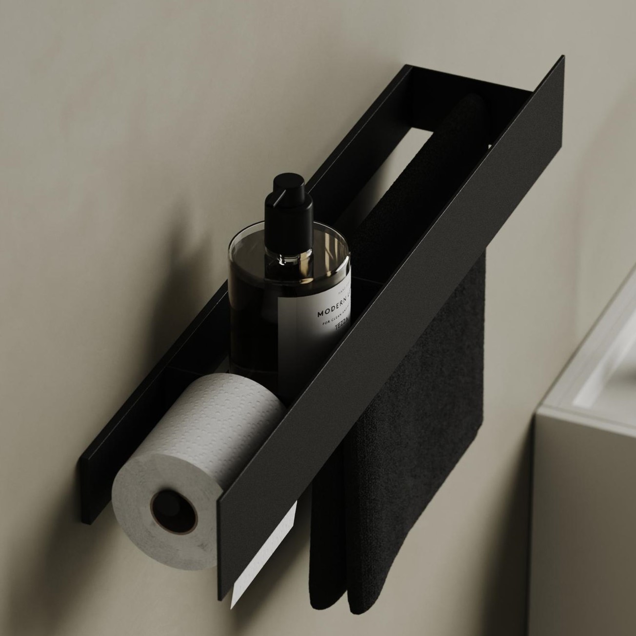 Полка для хранения с бумагодержателем и штангой для полотенца Tezza Tre 50 см (черный), бумага слева