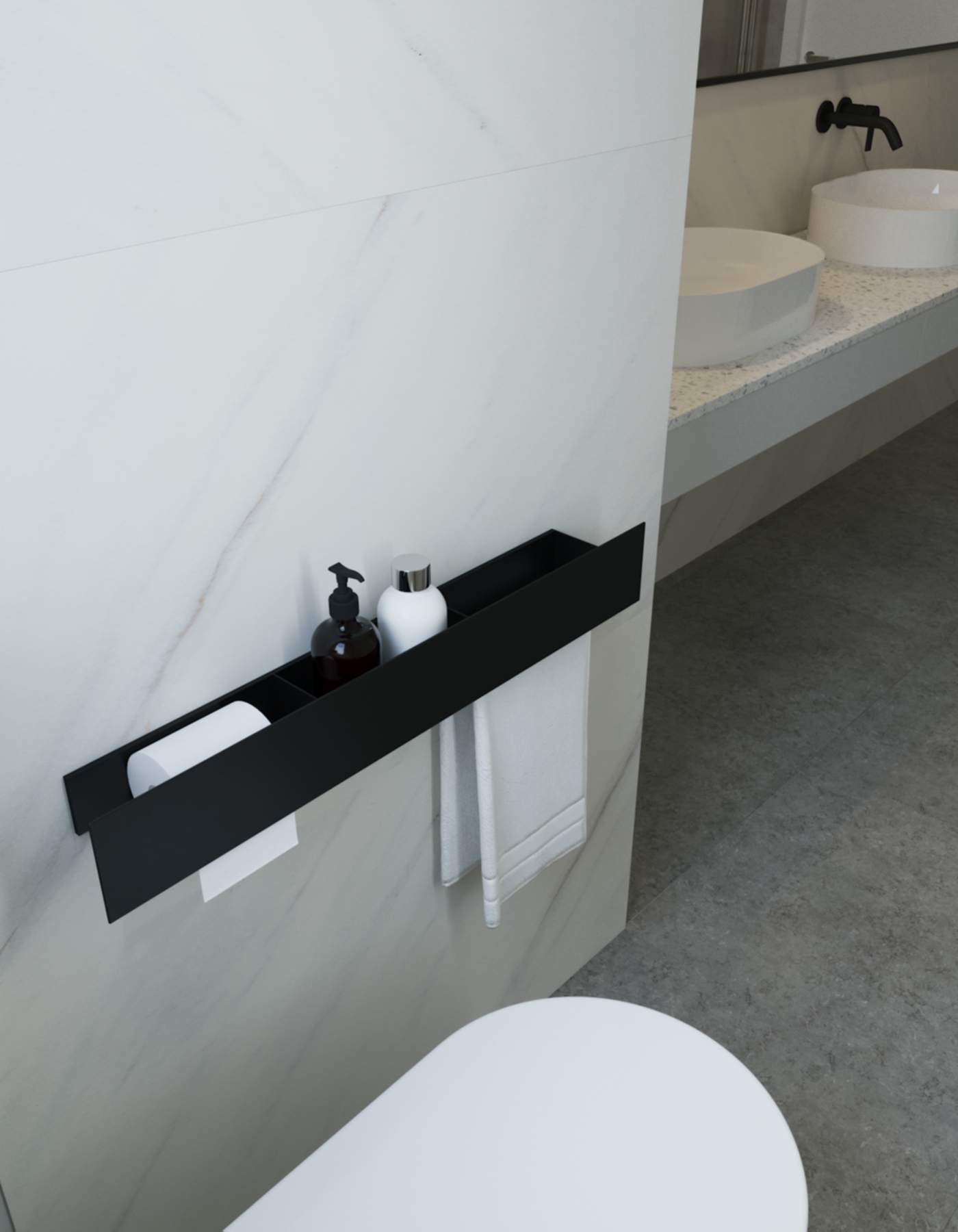 Полка для хранения с бумагодержателем и штангой для полотенца Tezza Tre 50 см (черный), бумага слева