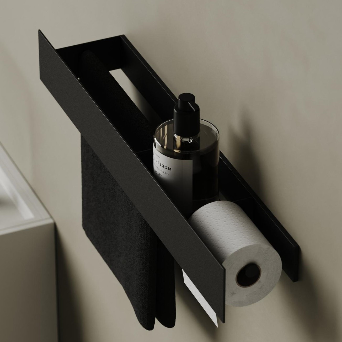 Полка для хранения с бумагодержателем и штангой для полотенца Tezza Tre 50 см (черный), бумага справа