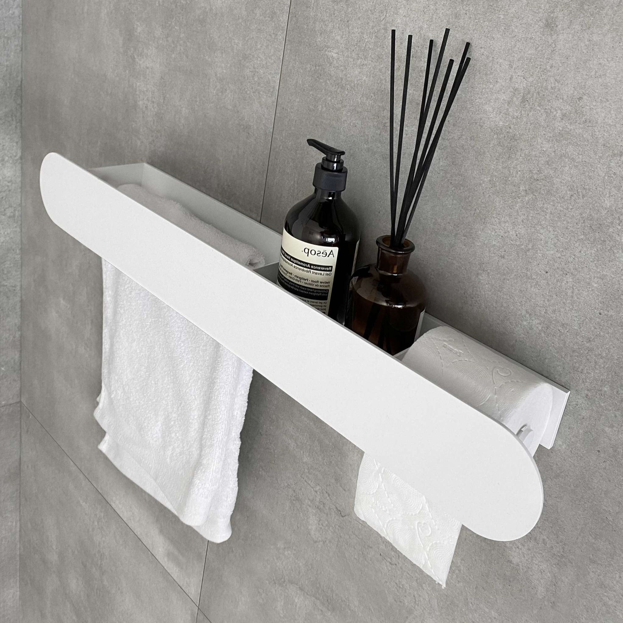 Полка для хранения с бумагодержателем и штангой для полотенца Tezza Tre Disco 50 см (белый), бумагодержатель справа