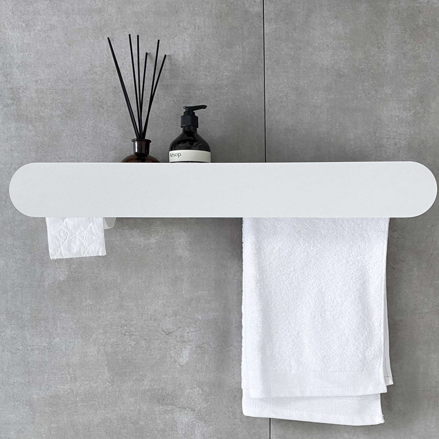 Полка для хранения с бумагодержателем и штангой для полотенца Tezza Tre Disco 70 см (белый), бумагодержатель слева