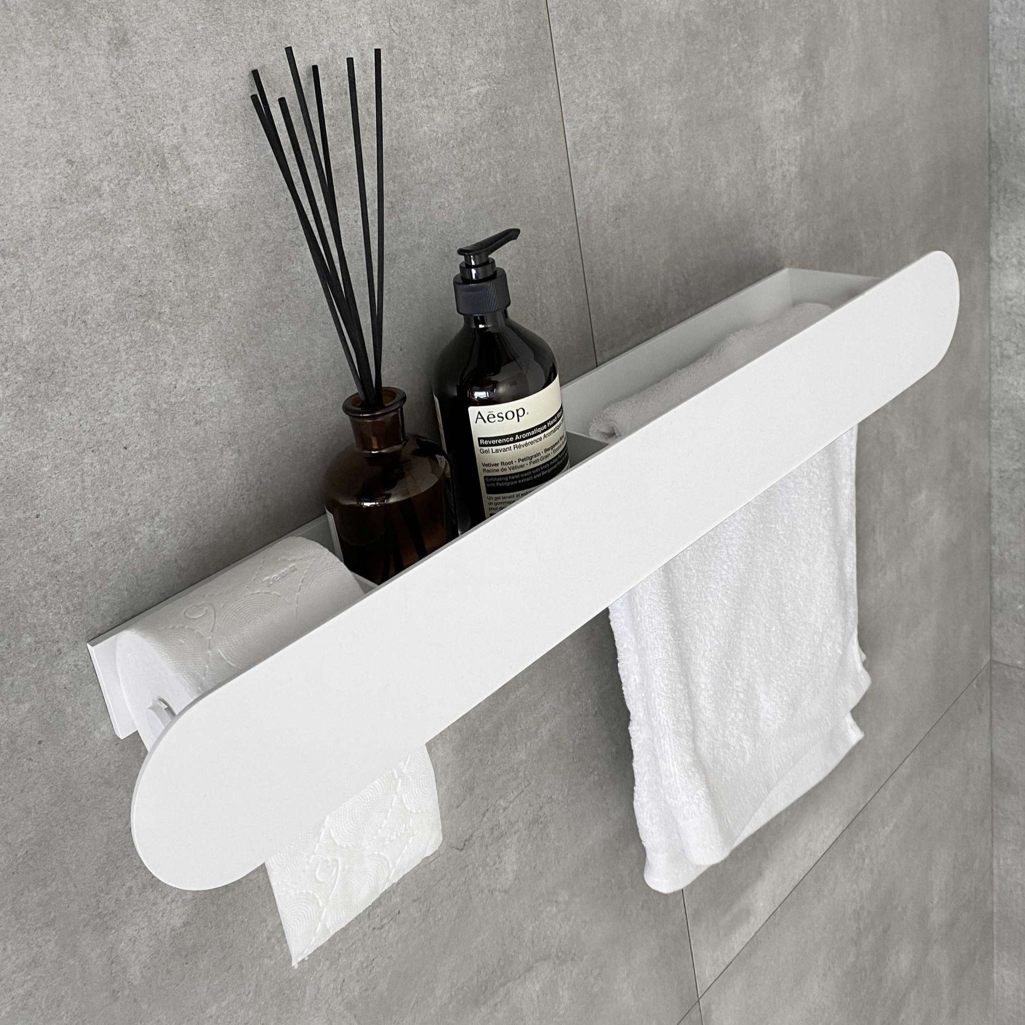 Полка для хранения с бумагодержателем и штангой для полотенца Tezza Tre Disco 70 см (белый), бумагодержатель слева