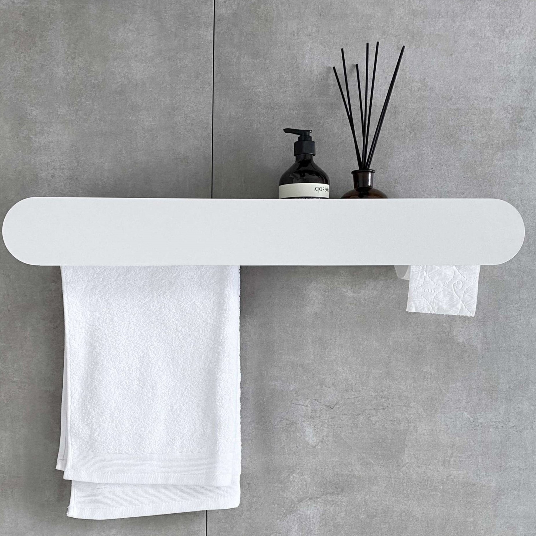 Полка для хранения с бумагодержателем и штангой для полотенца Tezza Tre Disco 50 см (белый), бумагодержатель справа