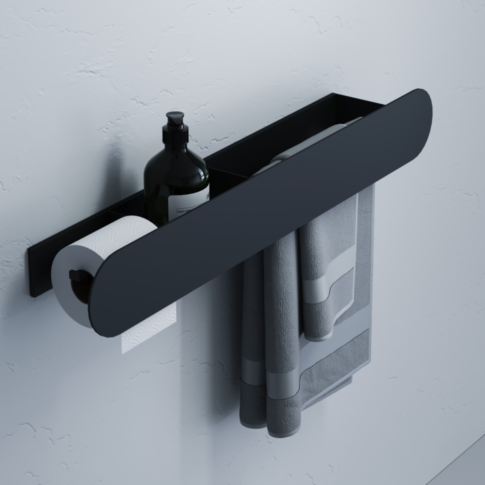 Полка для хранения с бумагодержателем и штангой для полотенца Tezza Tre Disco 70 см (черный), бумагодержатель слева